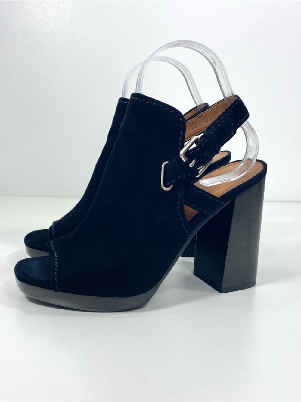 Frye Karissa Shield Sling Black Suede Leather Block Heel Peep Toe Sandals 8 +Box